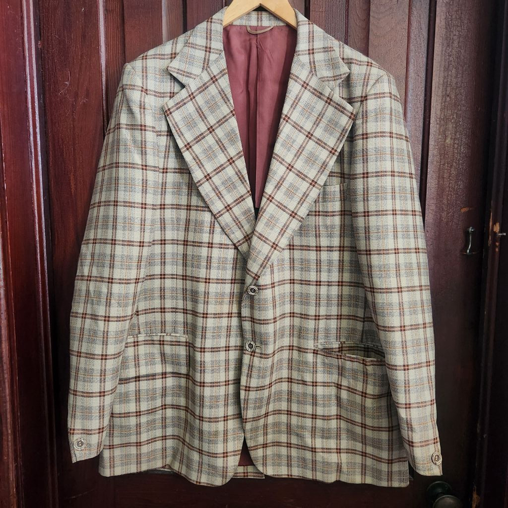 Vintage Mens 1970s Blazer Boyfriend Jacket Fall Trend Oversized Retro Plaid